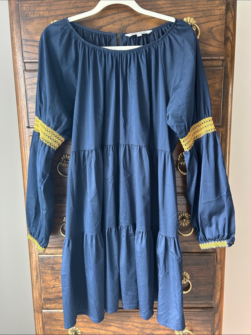 Elizabeth and James Boho Navy Dress with Yellow Crochet Trim, Size L